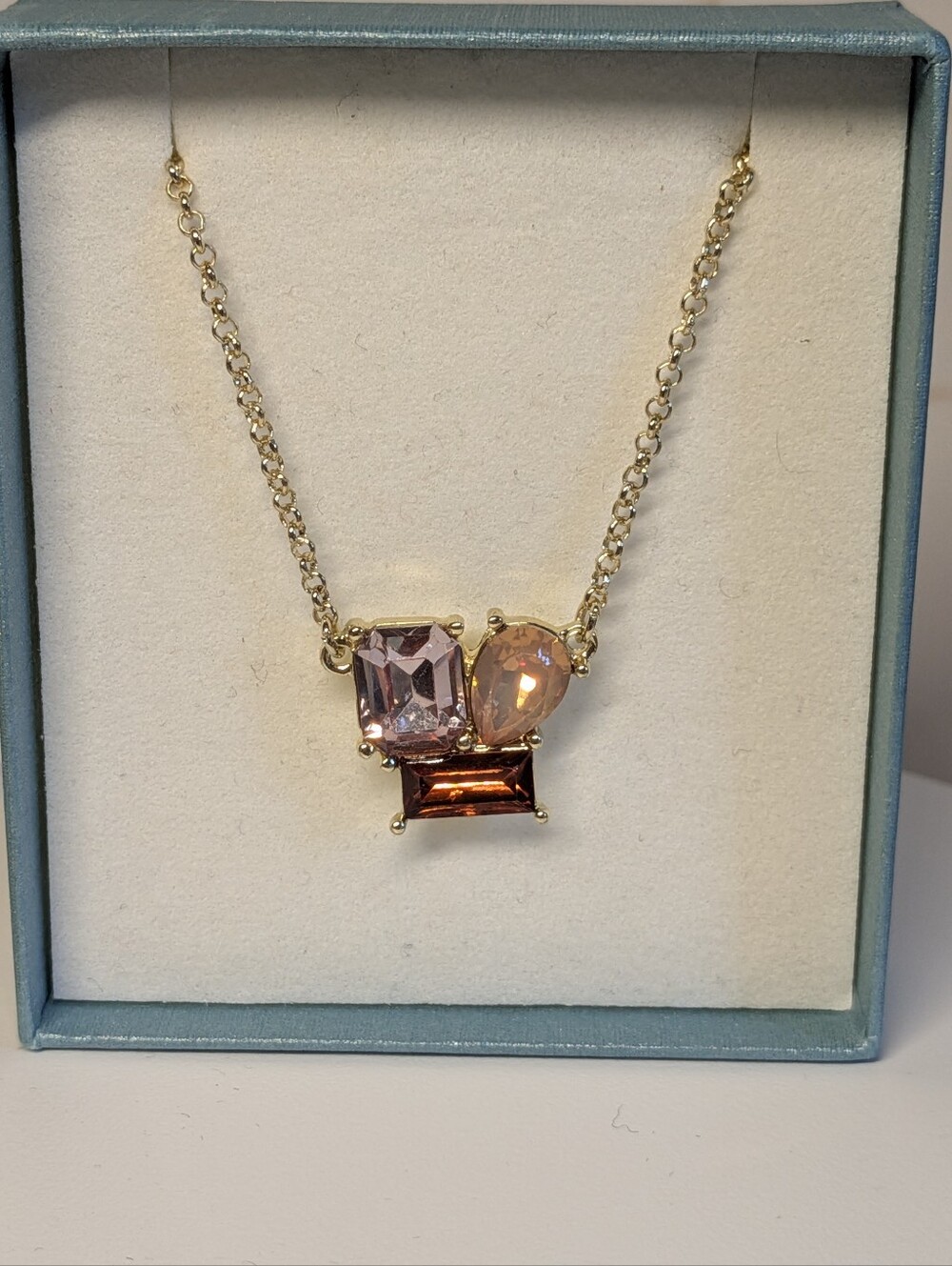 Gold Tone Chain Necklace with Pink and Brown Gemstones
